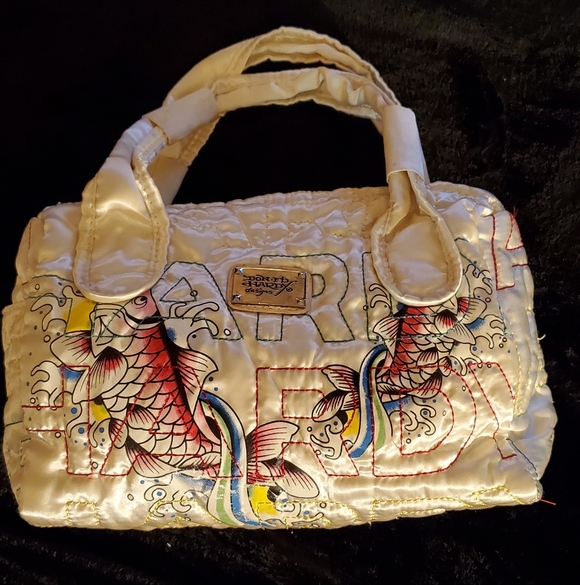 Vintage Quilted Ed Hardy Cream Shoulder Bag with Embroidered Koi Fish Design - Picture 2 of 6